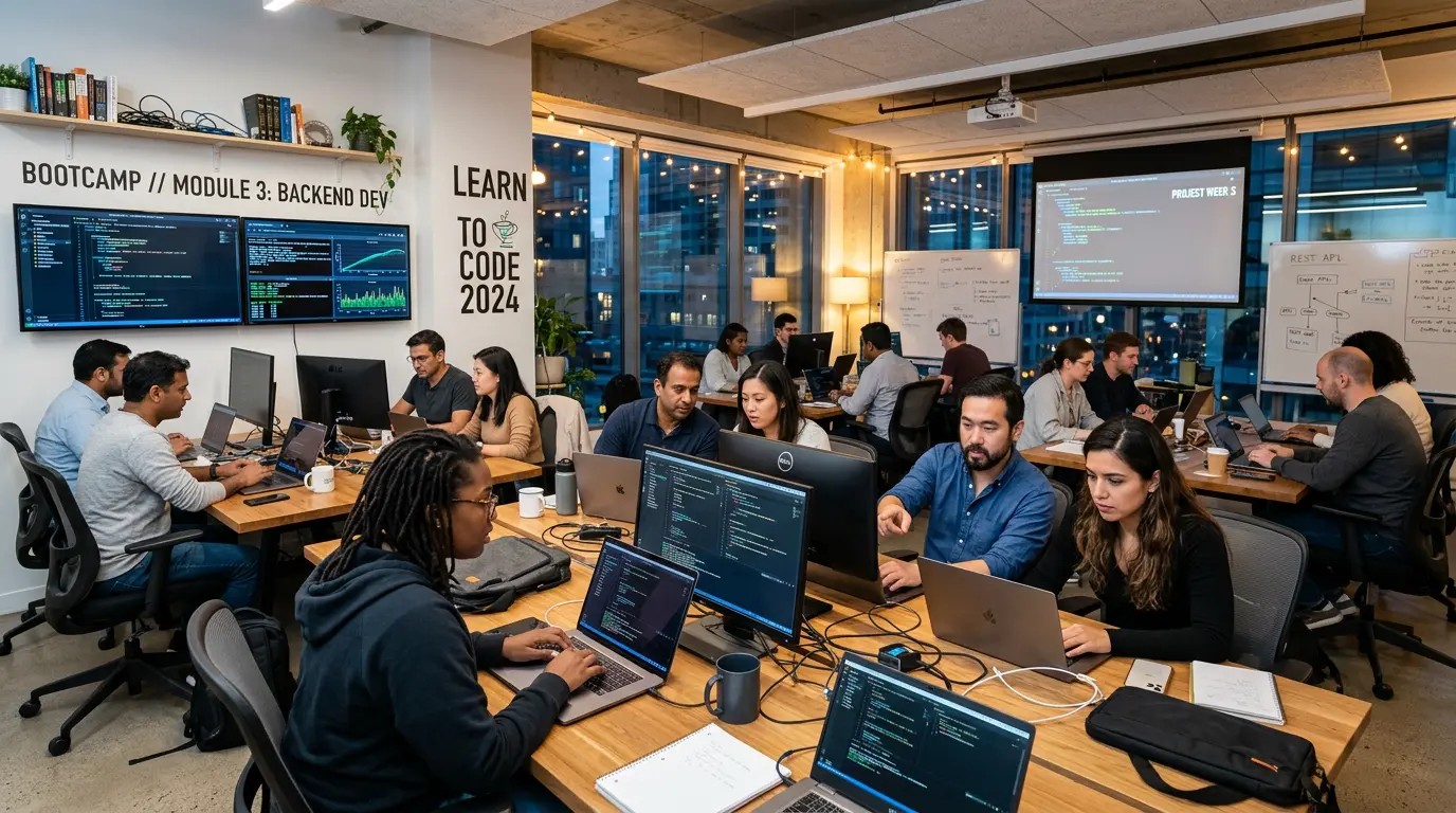Students working on laptops in modern classroom