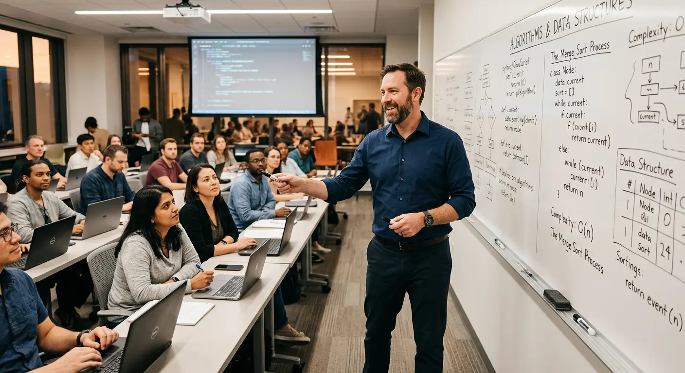 Instructor teaching students in front of a whiteboard
